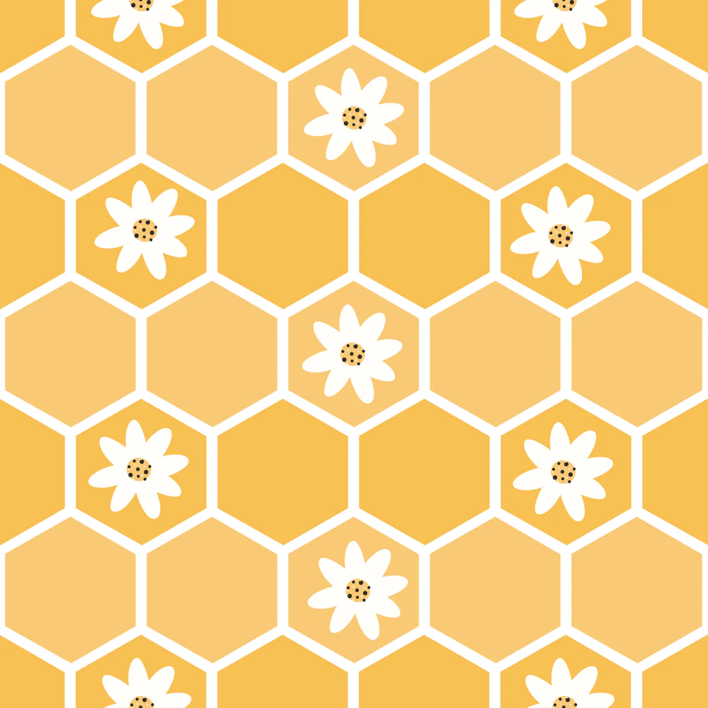 Cute Bees Floral Honeycomb Fabric - Yellow