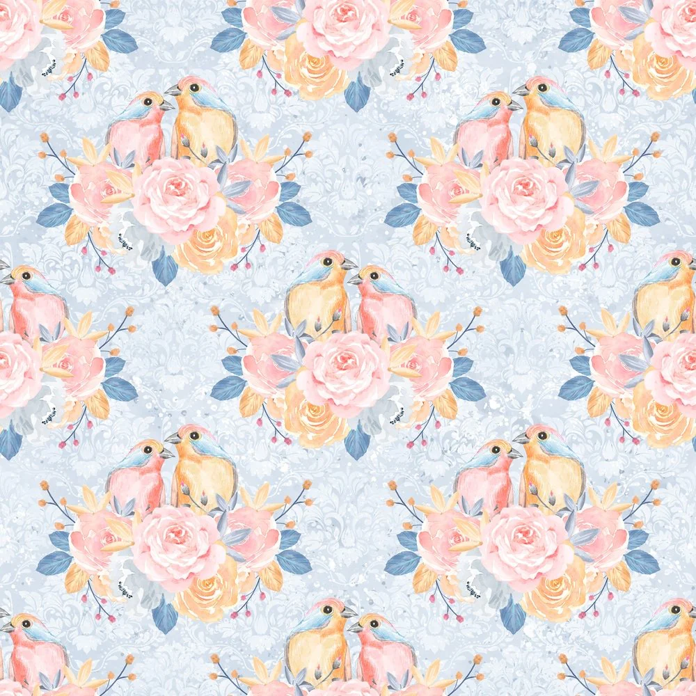 Cute Birds and Flowers 2 Birds Fabric - Blue