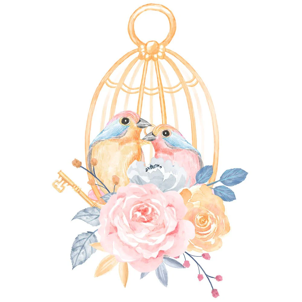 Cute Birds and Flowers Caged Fabric Panel