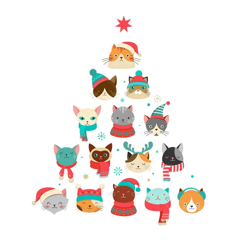Cute Cat Christmas Tree Fabric Panel - White