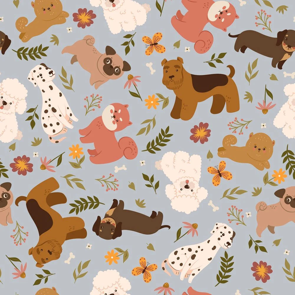Cute Dogs and Flowers Fabric - Gray