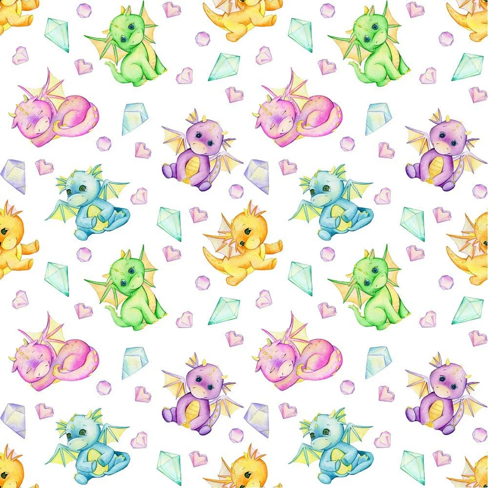 Cute Dragons Hearts & Crystals Fabric - White