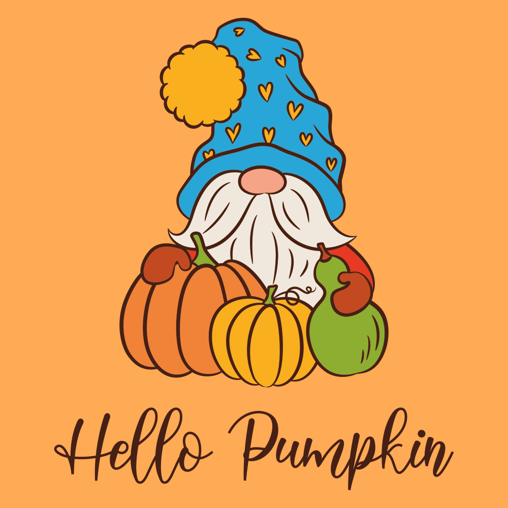 Cute Gnome Hello Pumpkin Fabric Panel - Orange