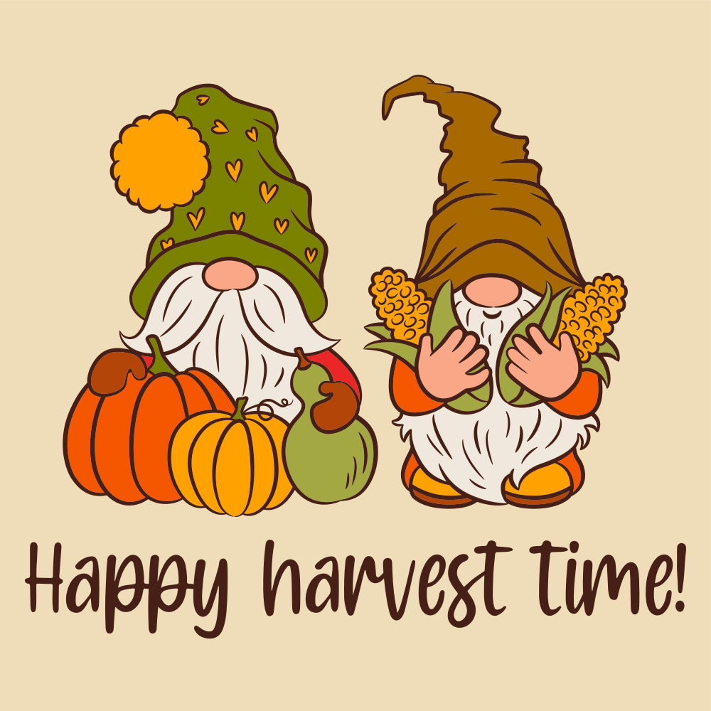 Cute Gnomes Happy Harvest Time Fabric Panel - Tan