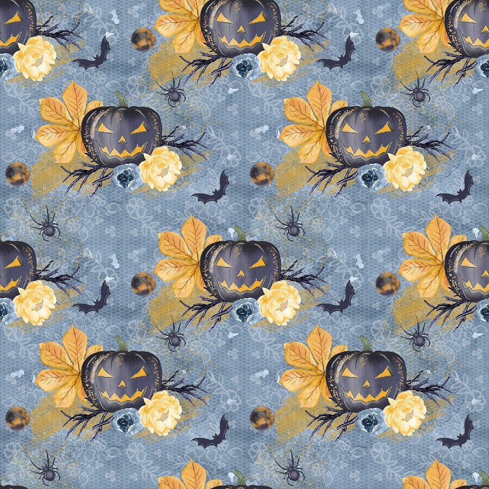 Cute Halloween Pumpkins and Bats Fabric - Blue