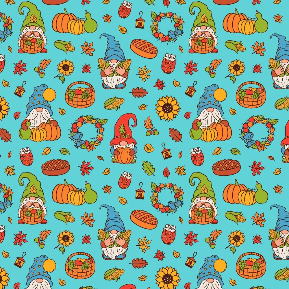 Cute Harvesting Gnomes Fabric - Blue