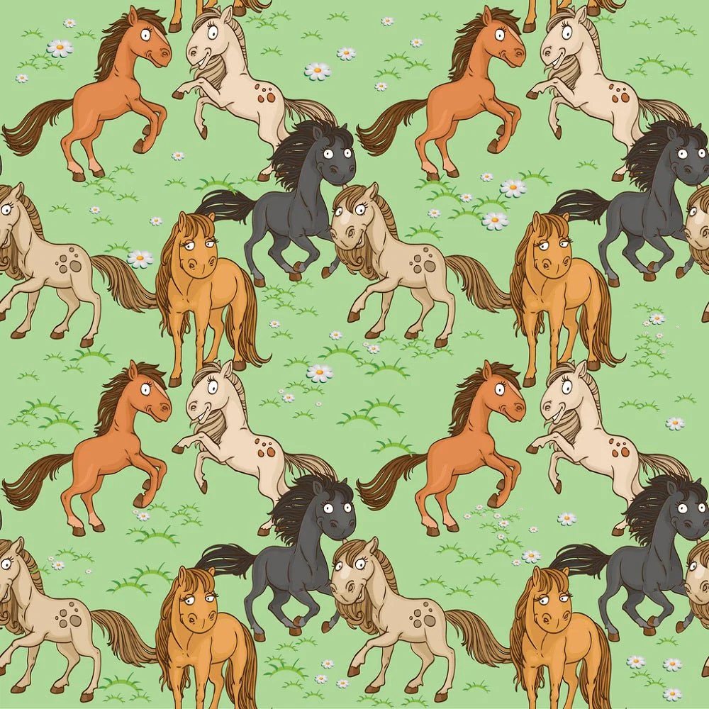 Cute Horses in Field Fabric - Green