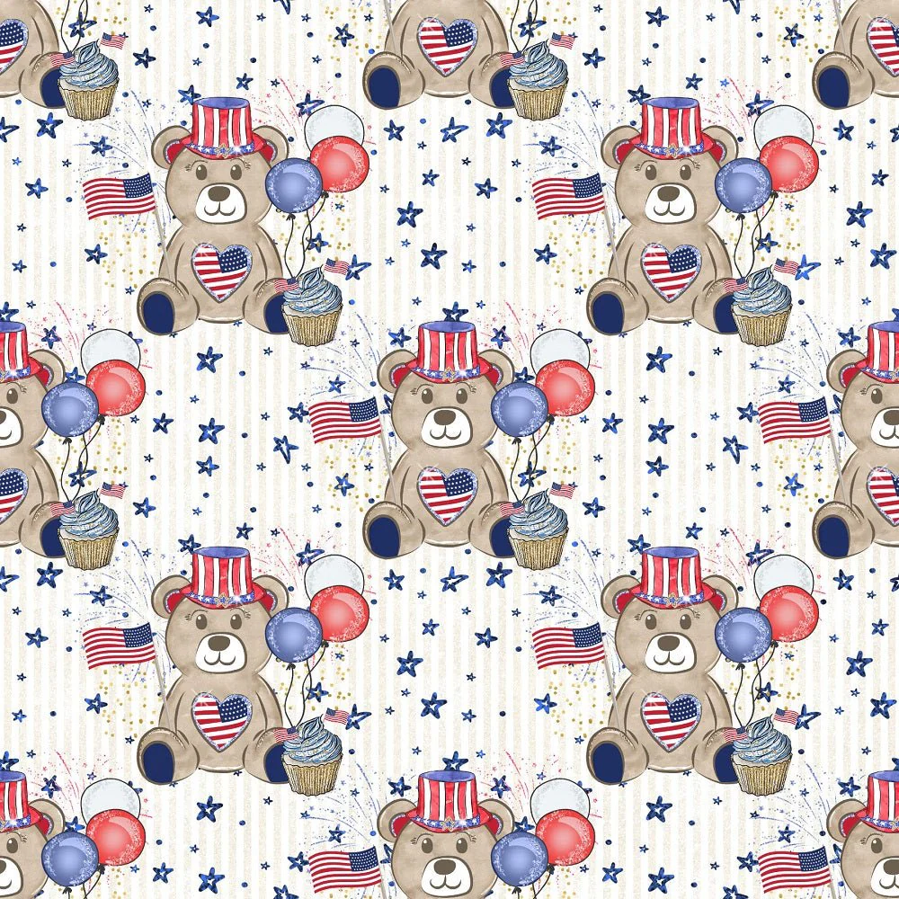 Cute Patriotic Bears on Blue Stars Fabric - White
