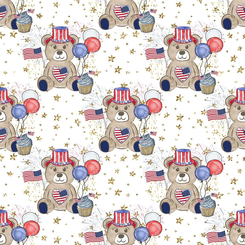 Cute Patriotic Bears on Gold Stars Fabric - White