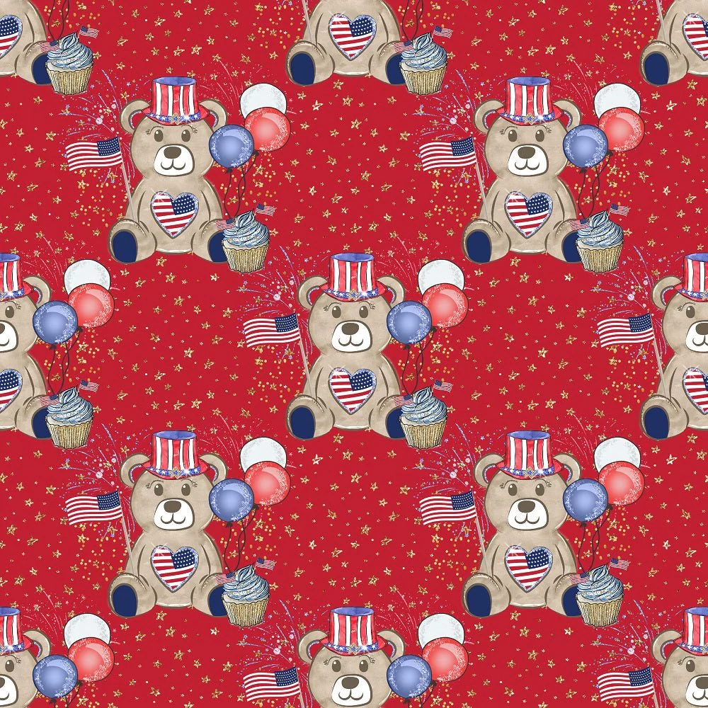 Cute Patriotic Bears on Stars Fabric - Red