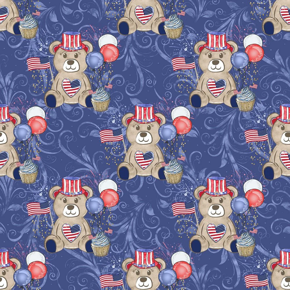 Cute Patriotic Bears on Swirls Fabric - Blue