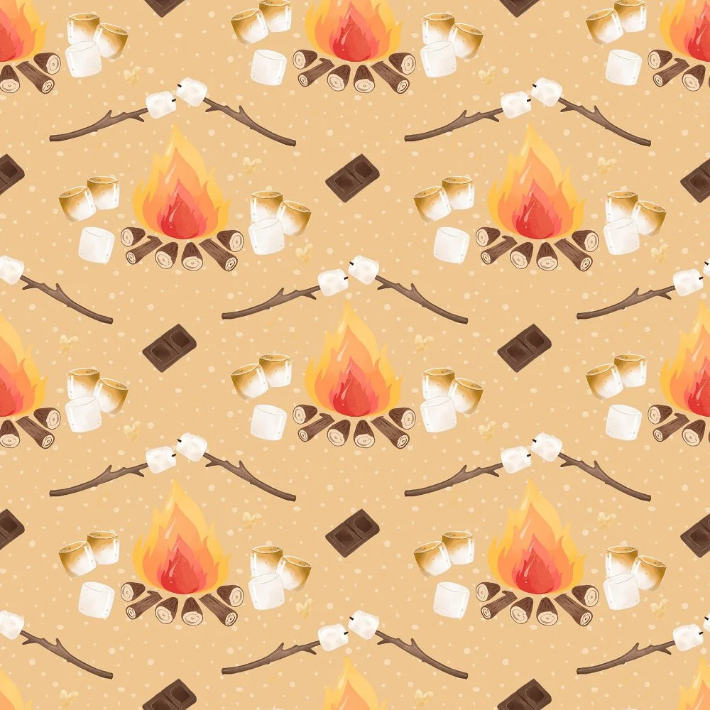 Cute Smores Campfire on Dots Fabric - Tan