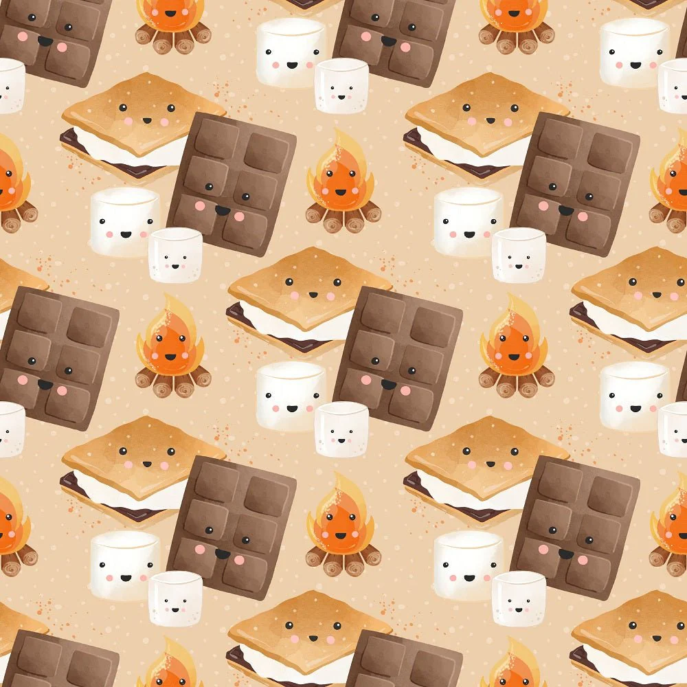 Cute Smores on Dots Fabric - Orange