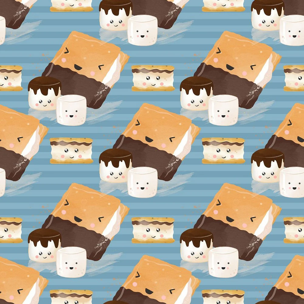 Cute Smores on Stripes Fabric - Blue