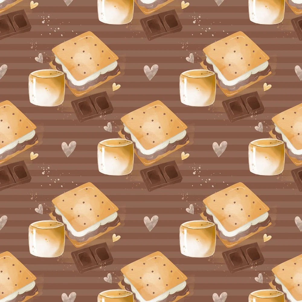 Cute Smores on Stripes Fabric - Brown