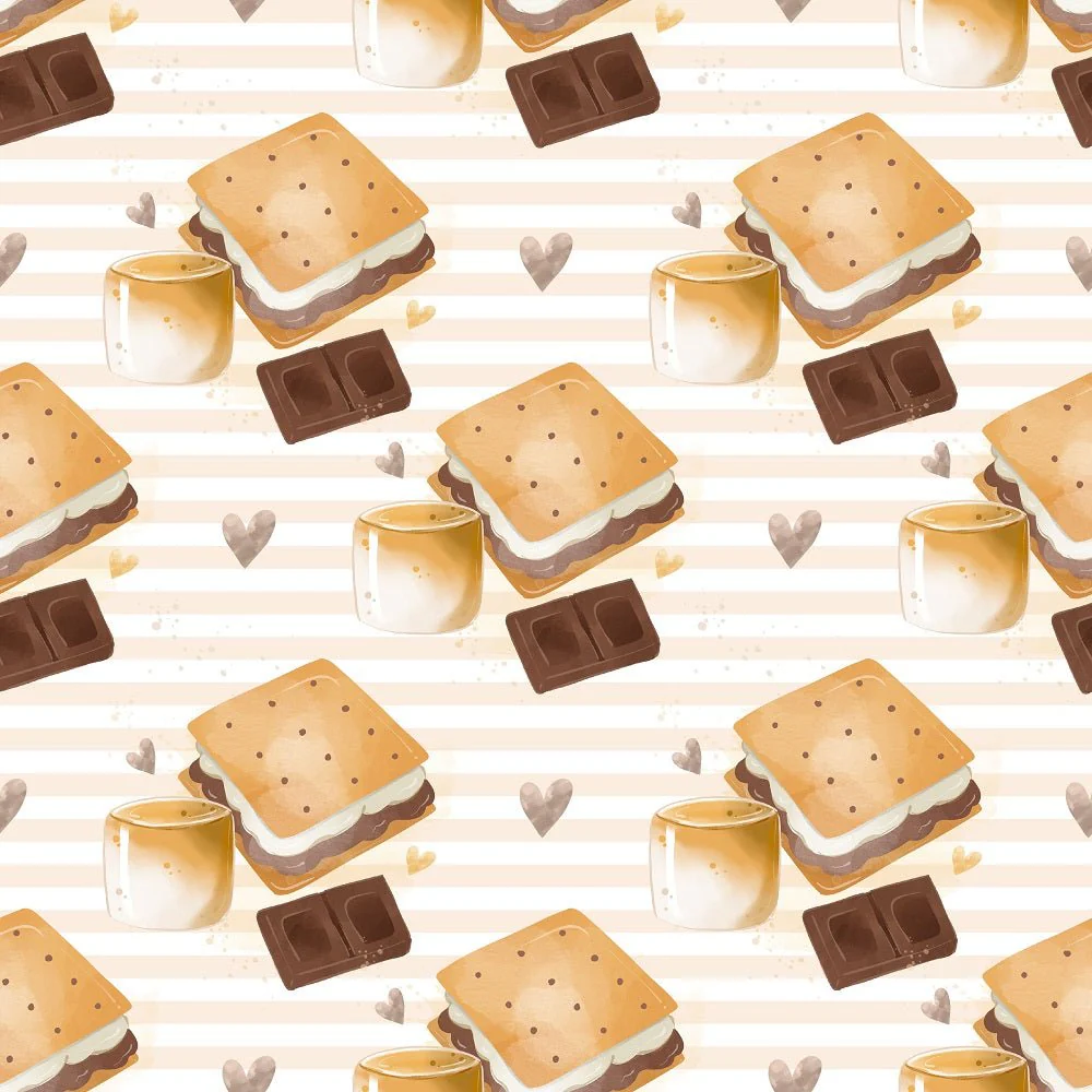 Cute Smores on Stripes Fabric - White