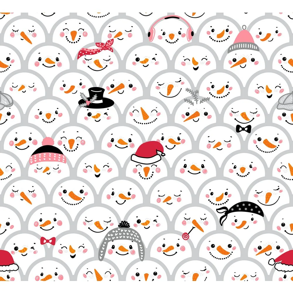 Cute Snowman Scallops Fabric - Gray