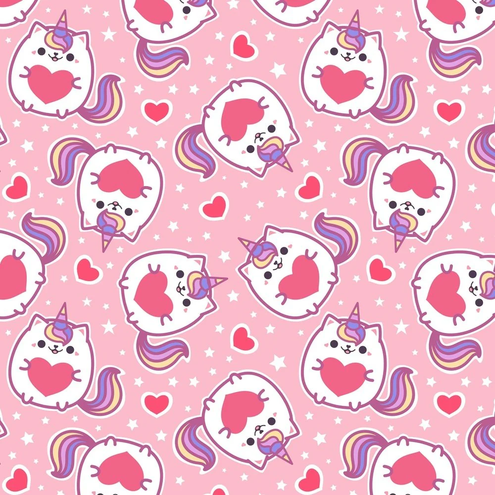 Cute Unicorn Cat With Heart Fabric - Pink