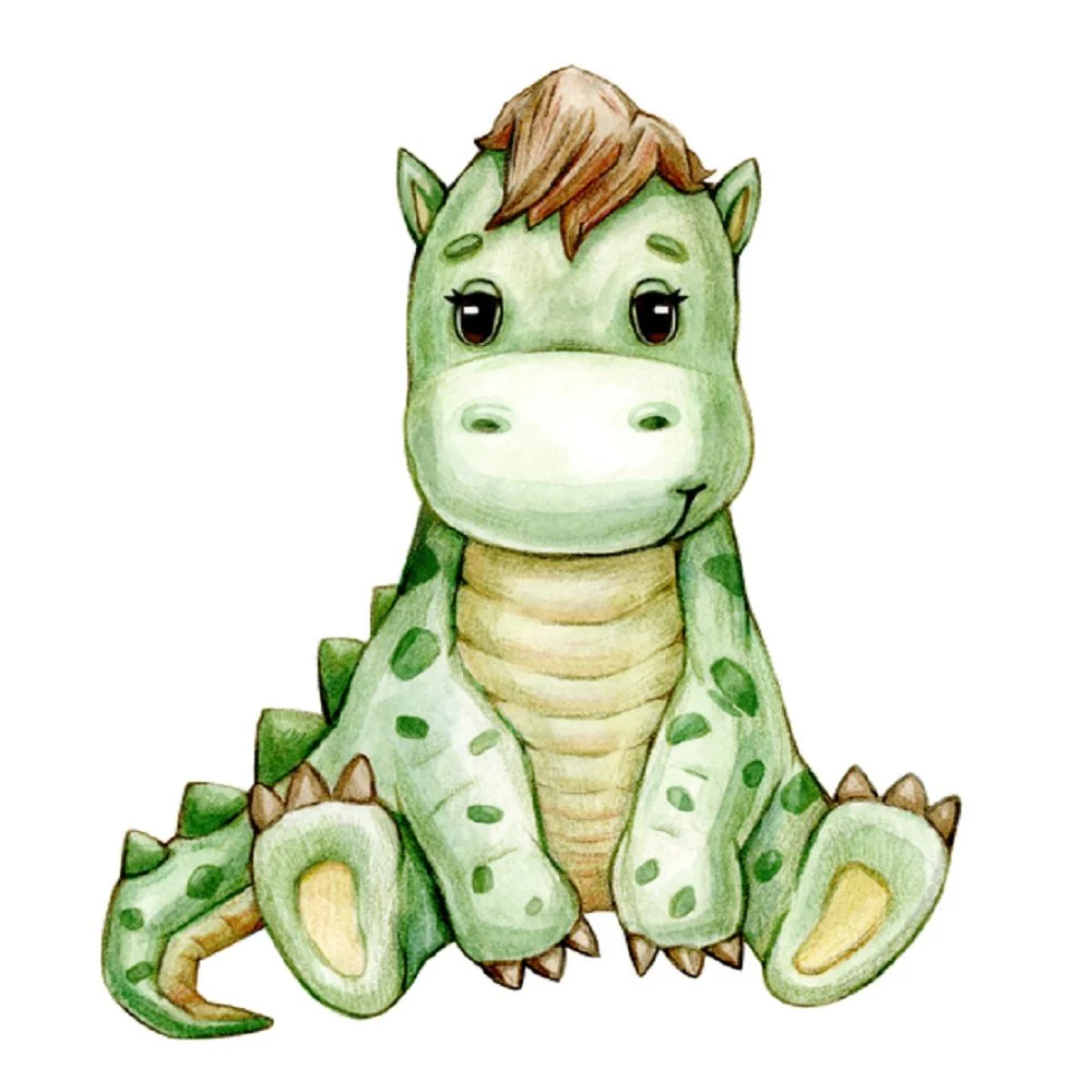 Cute Watercolor Dinosaur Fabric Panel - White
