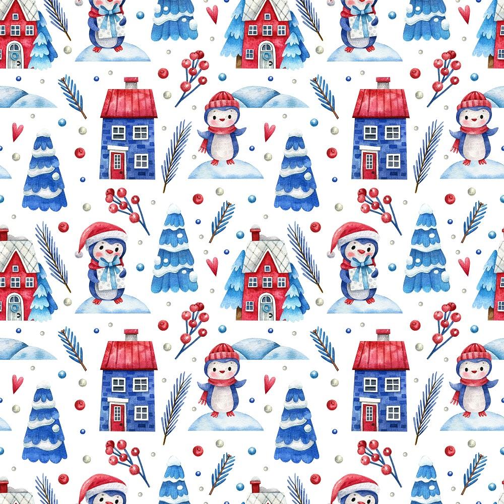 Cute Watercolor Penguins & Presents Fabric
