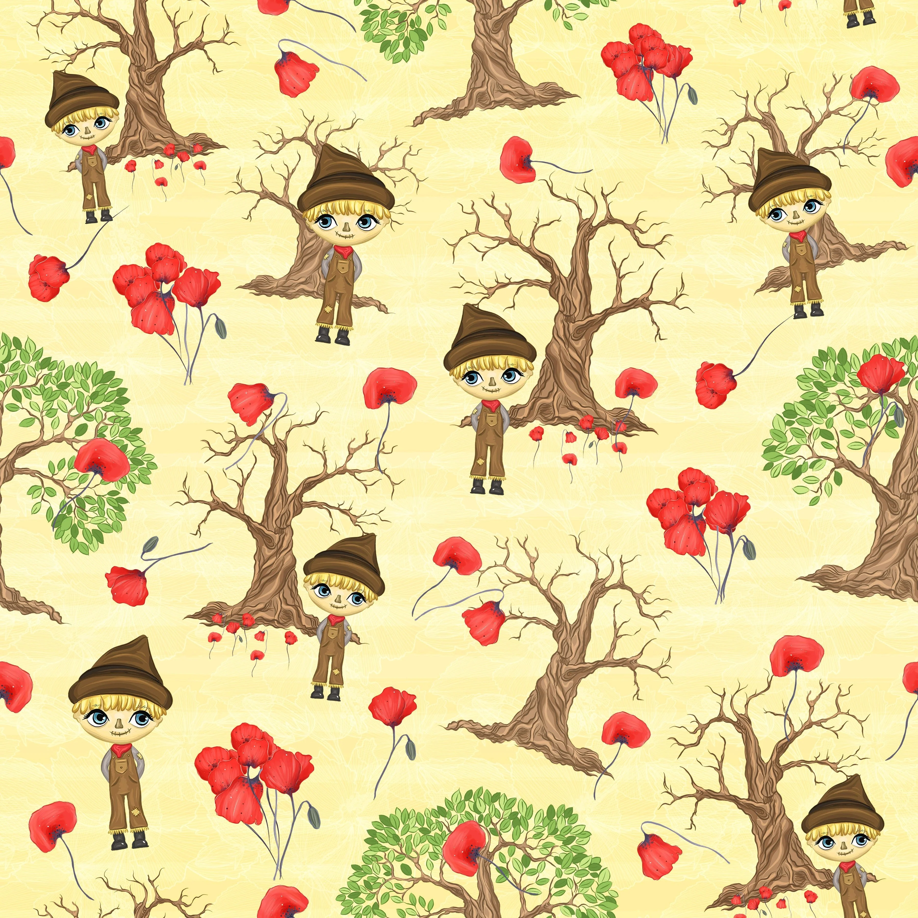Cute Wizard of OZ Scarecrow Fabric - Yellow