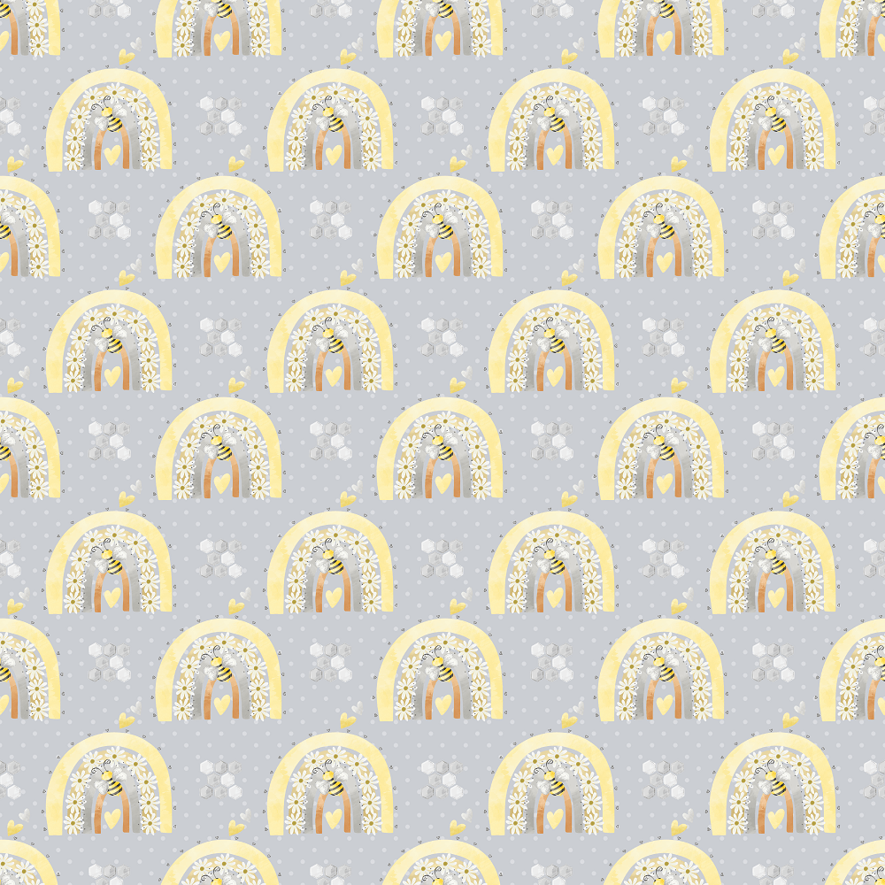 Daisy Rainbows on Polka Dot Fabric - Grey