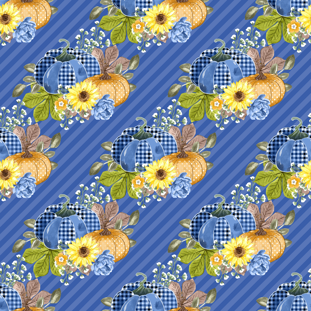 Decorative Pumpkins & Diagonal Stripes Fabric - Blue