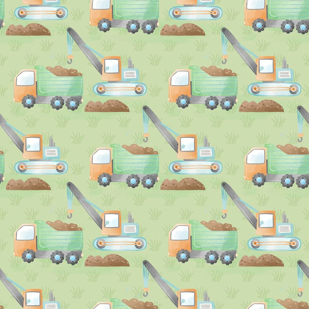 Diggers Excavators and Dump Trucks Fabric - Green