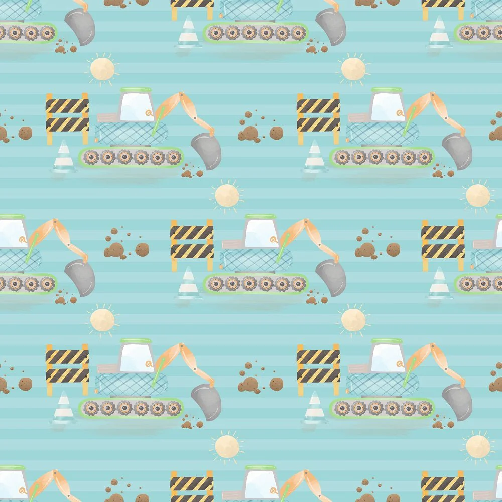 Diggers Excavators On Stripes Fabric - Blue