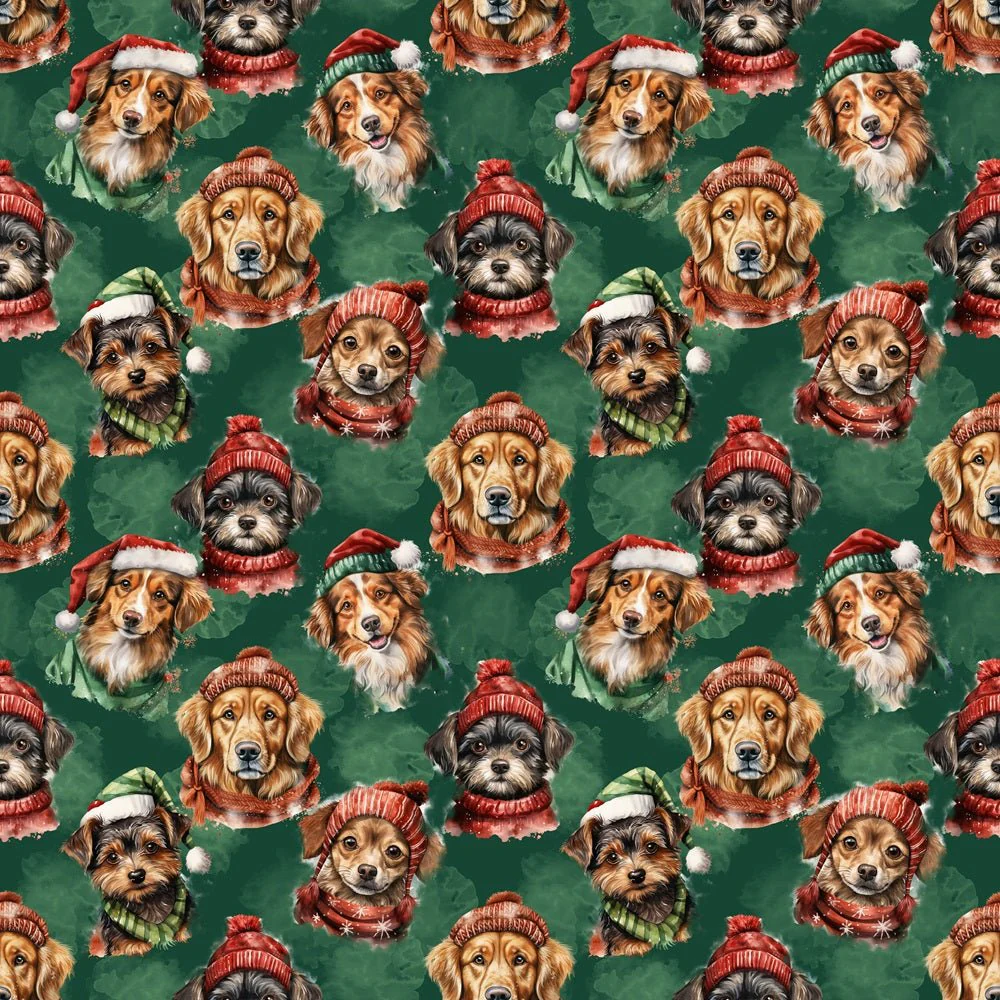 Dogs In Santa Hats Fabric - Green