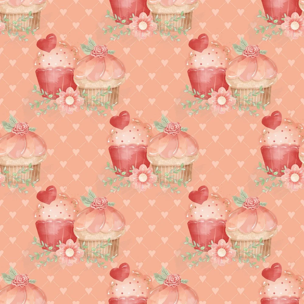 Double Cupcake on Hearts & Boxes Fabric - Peach