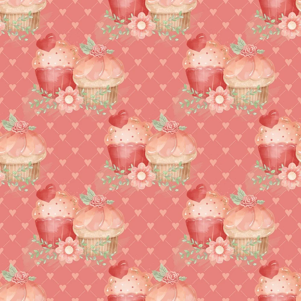 Double Cupcake on Hearts & Boxes Fabric - Pink