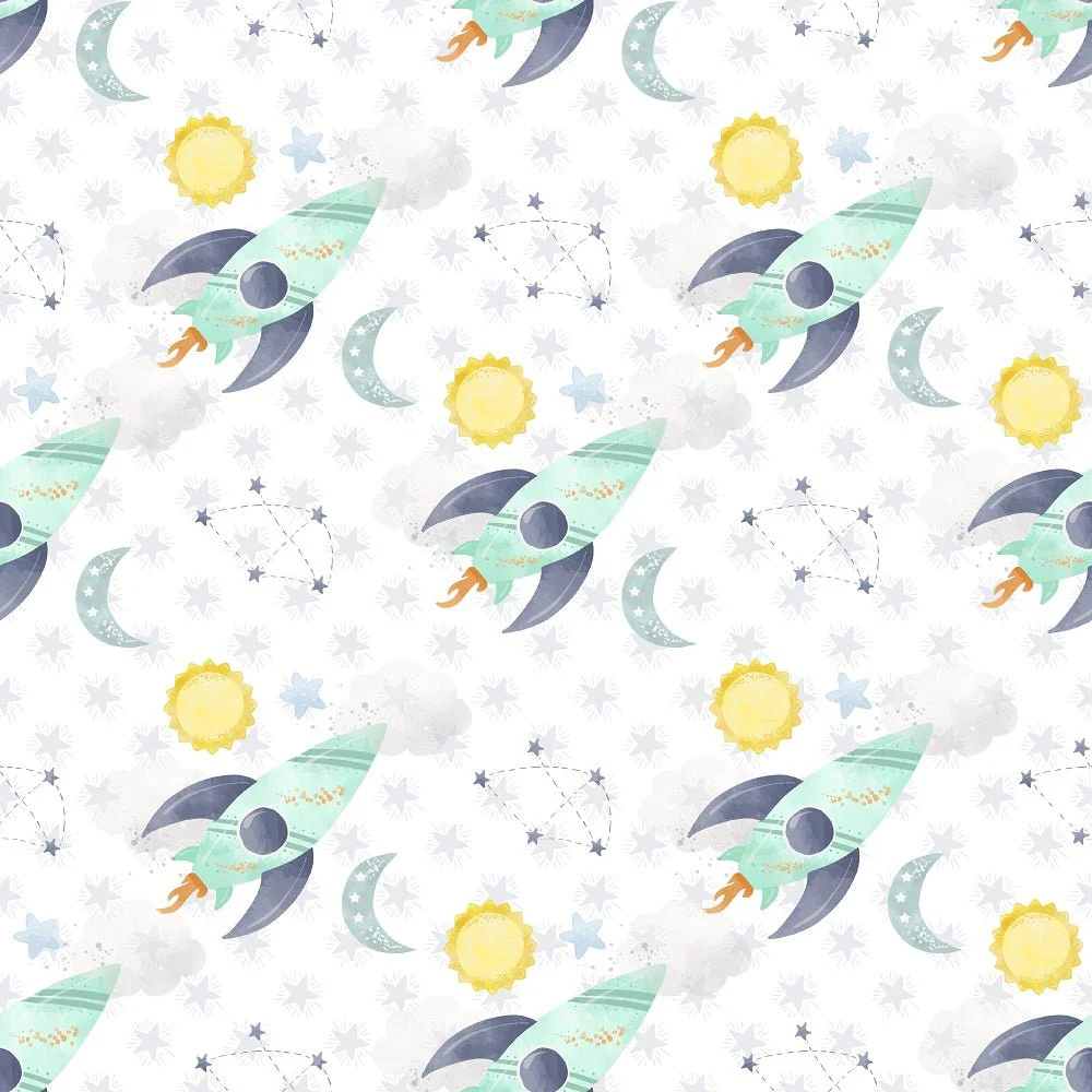 Dreams of Outerspace Rocket Ship Fabric - White