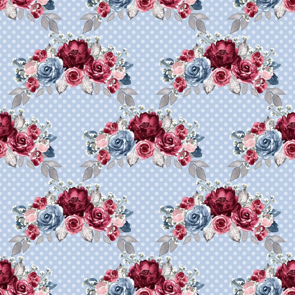 Dusty Blue and Burgundy Bouquets Dots Fabric - Blue