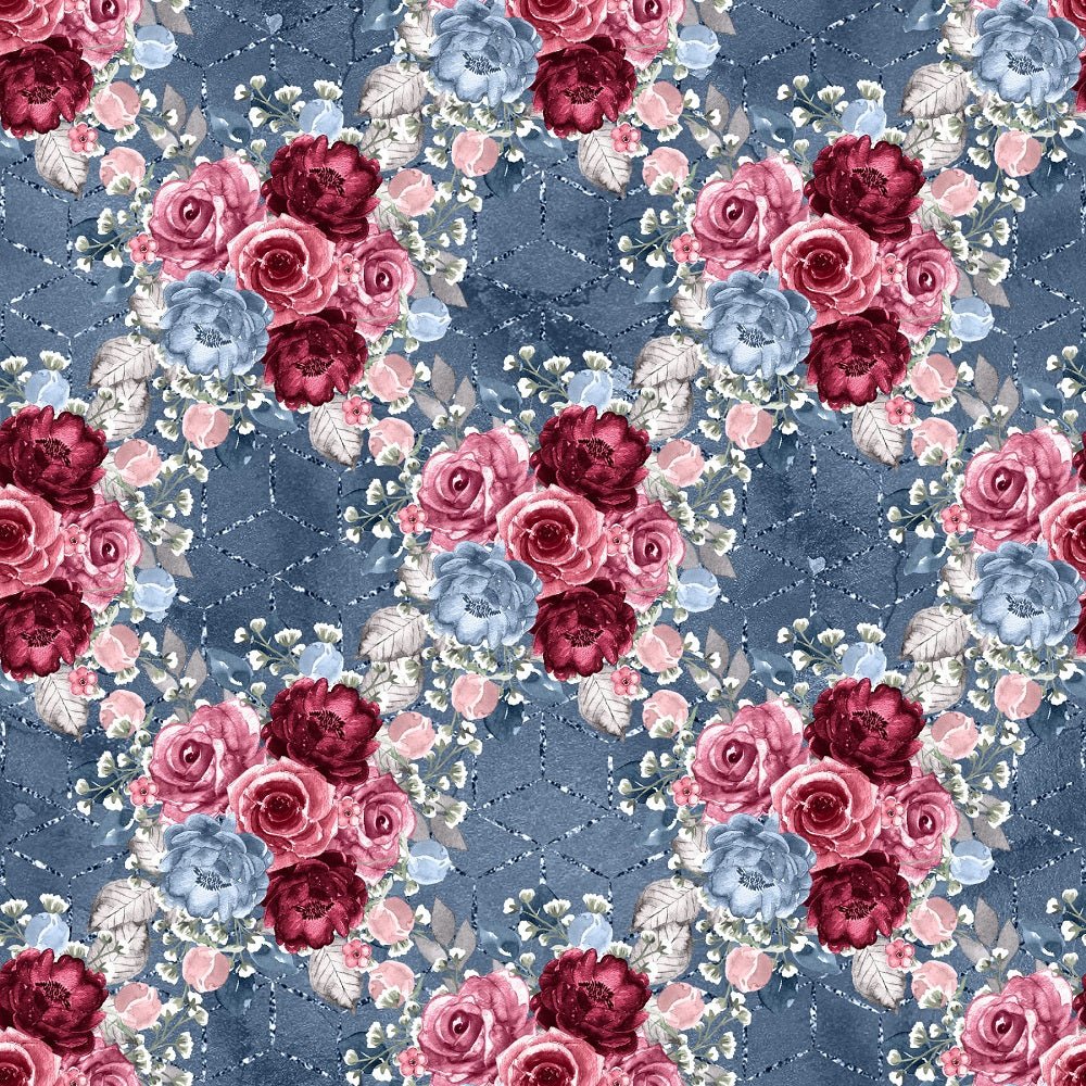 Dusty Blue and Burgundy Large Bouquets on Boxes Fabric - Dark Blue