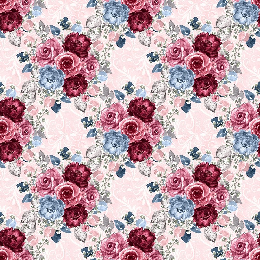 Dusty Blue and Burgundy Large Bouquets on Vines Fabric - Pink