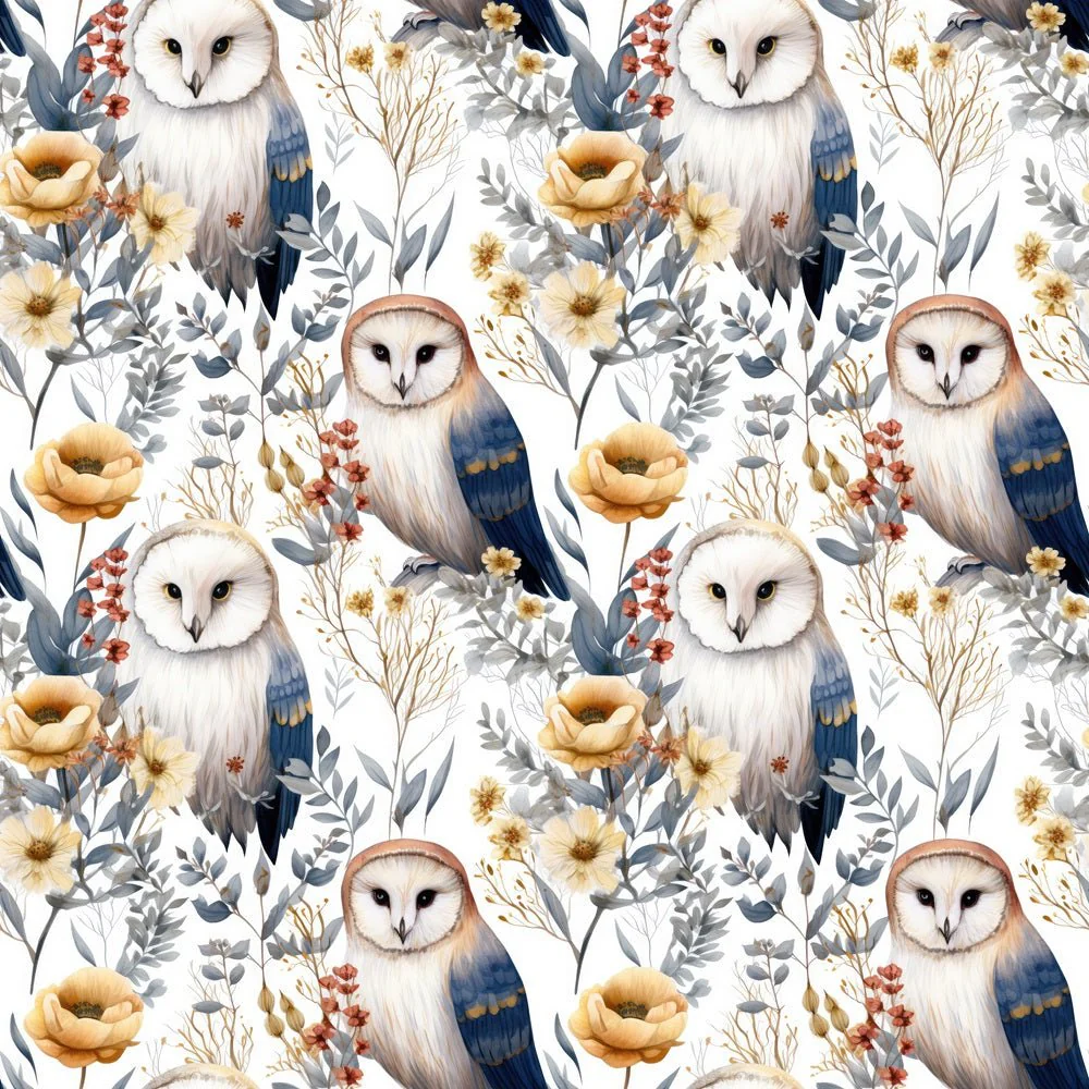 Dusty Blue Owls & Floral Fabric