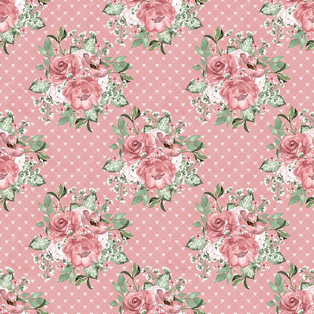 Dusty Rose Garden Bouquets on Hearts Fabric - Pink