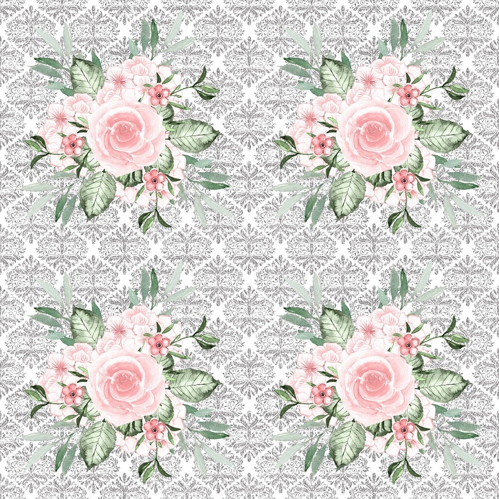 Dusty Rose Garden Bouquets on Silver Damask Fabric