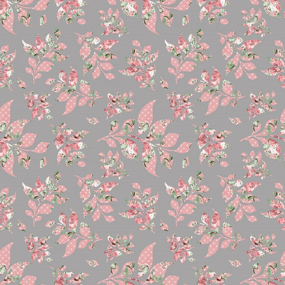 Dusty Rose Garden Leaves Fabric - Gray