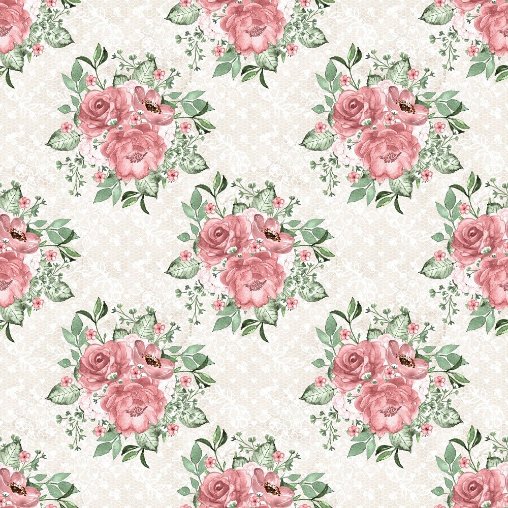 Dusty Rose Garden on Lace Fabric - Tan