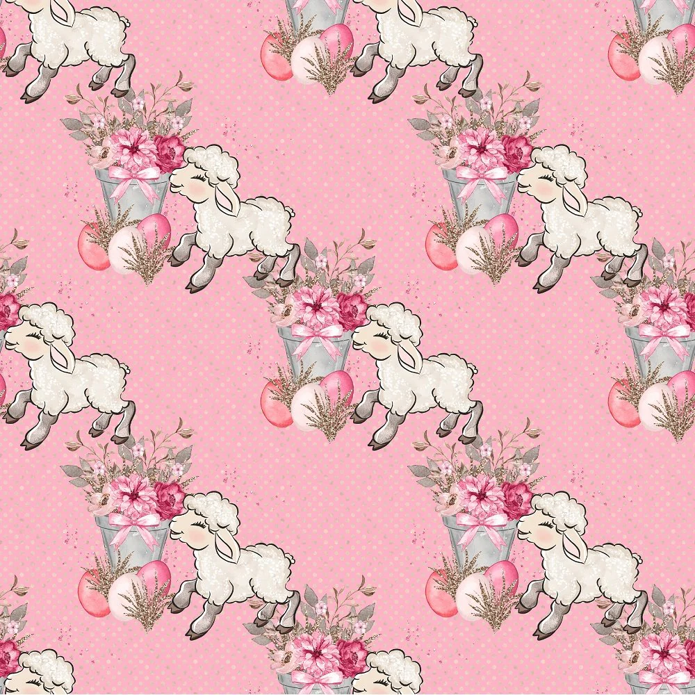 Easter Flowers & Lamb on Polka Dots Fabric - Light Pink