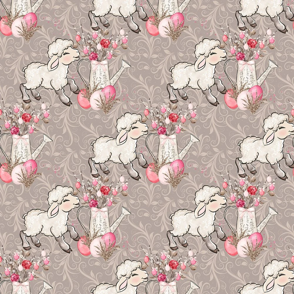 Easter Flowers & Lamb on Swirls Fabric - Gray