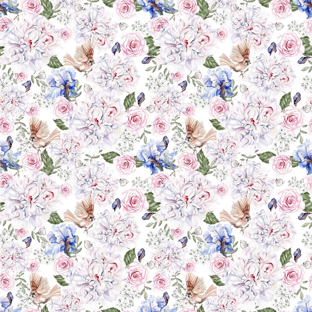 Elegant Birds With Irises And Roses Fabric