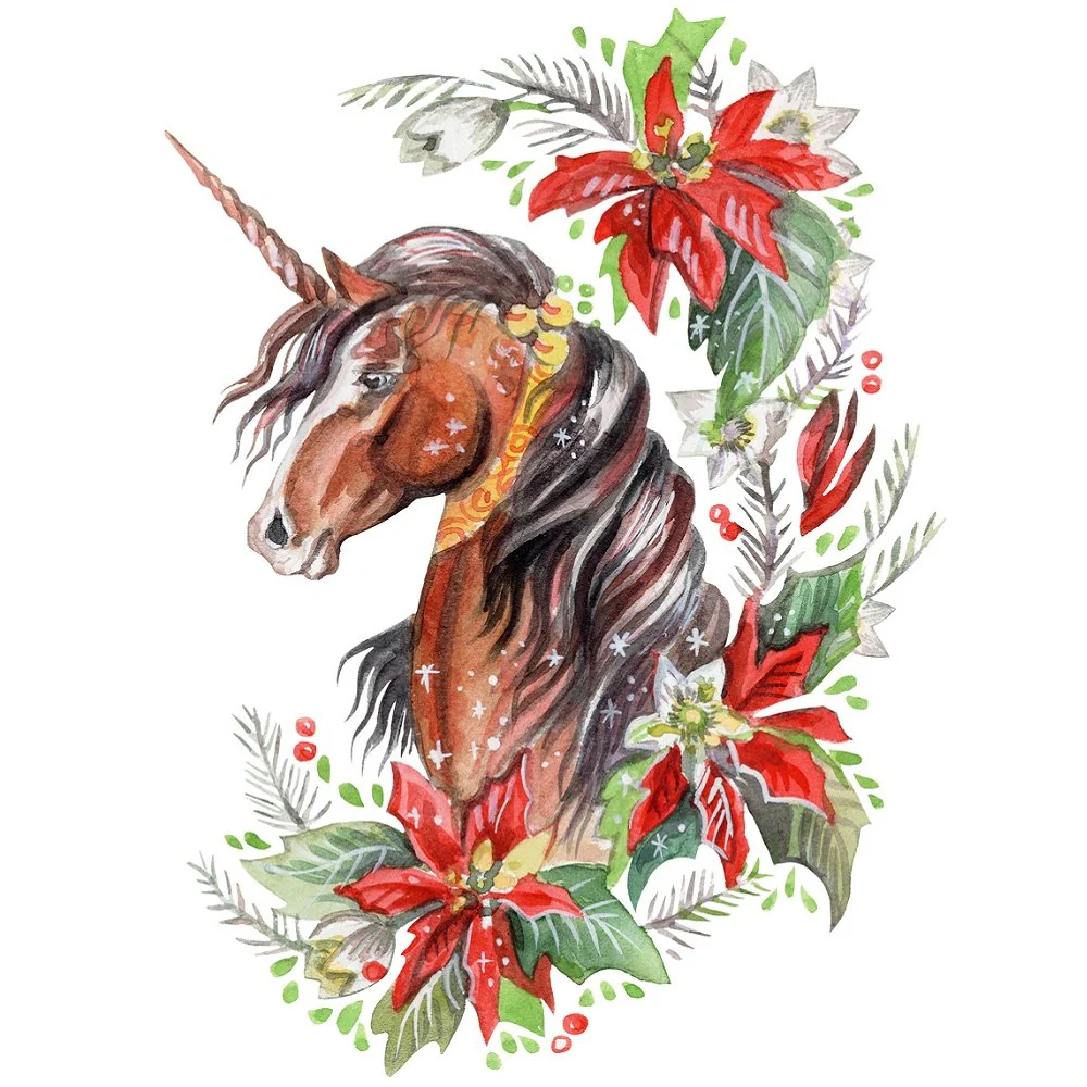 Elegant Christmas Unicorn Fabric Panel