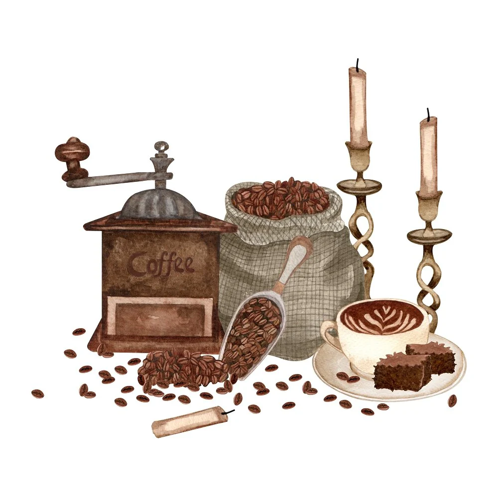 Elegant Coffee Bean and Grinder Fabric Panel