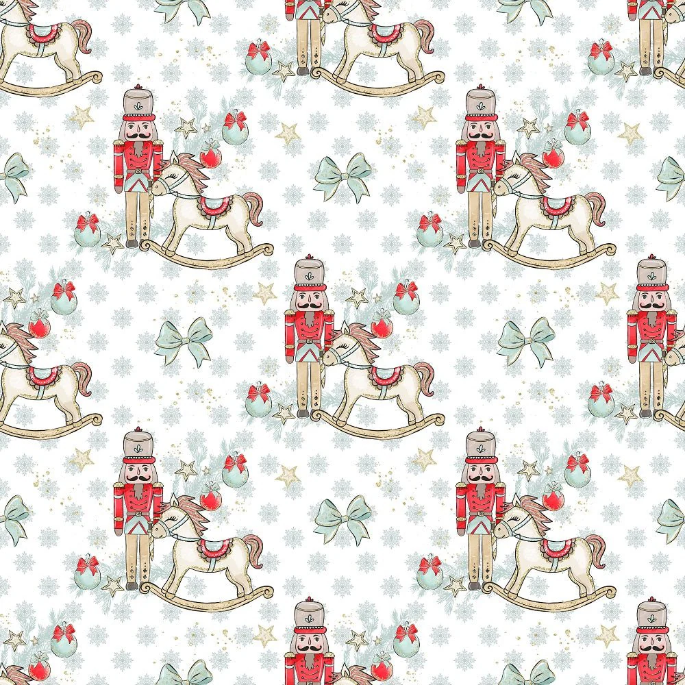 Elegant Nutcracker Next to Rocking Horse Fabric - White