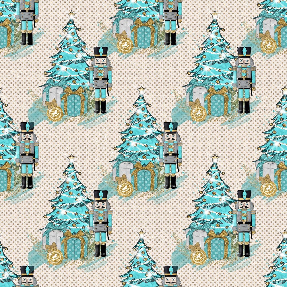 Elegant Nutcracker Next to Tree Dots Fabric - Tan
