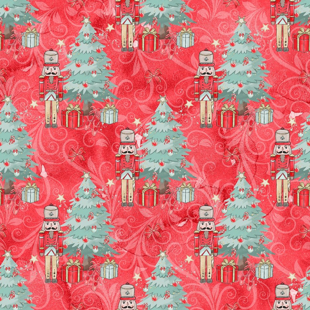 Elegant Nutcracker Next to Tree Fabric - Red