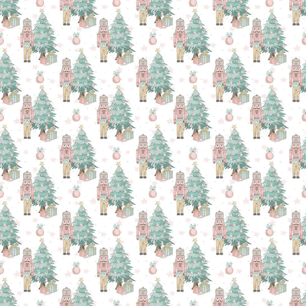 Elegant Nutcracker Next to Tree Pink Stars Fabric - White